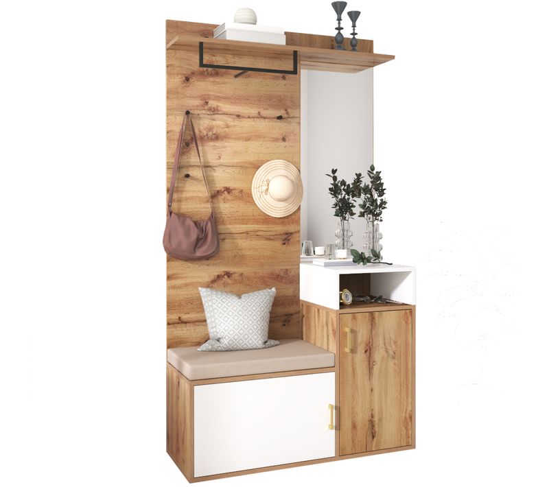 Meuble D'entrée 4 Patères, 1 Miroir, 1 Meuble à Chaussures, 1 Porte-manteau Et 1 Banc, Mdf Blanc