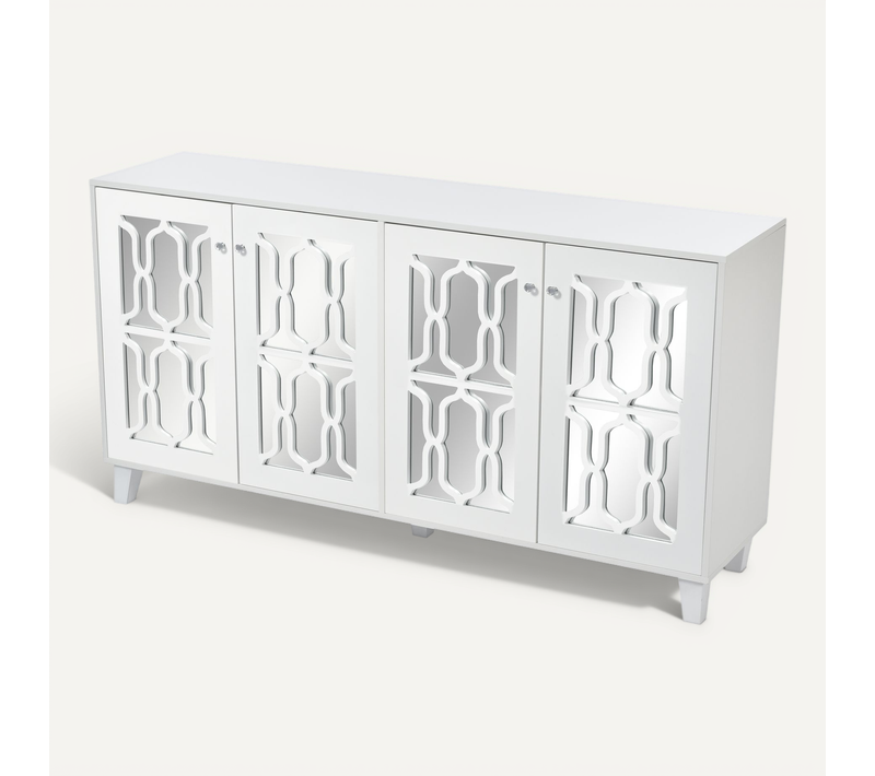 Buffet Moderne 160x 40x84 Cm Avec 4 Portes Et Poignées En Cristal, Étagères Réglables, Mdf Blanc