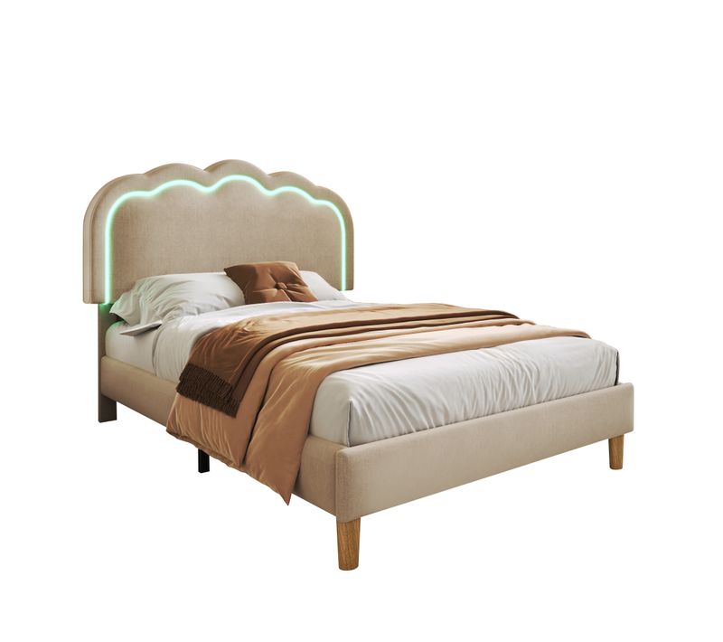 Lit 90x200cm, Lit Simple, Lit Enfant, Sommier, LED, Tête De Lit Réglable, Moderne, Lin, Beige