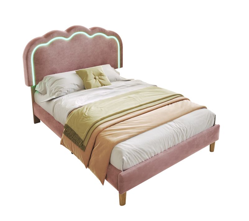 Lit 90x200cm, Lit Simple, Lit Enfant, Sommier, LED, Tête De Lit Réglable, Moderne, Velours, Rose
