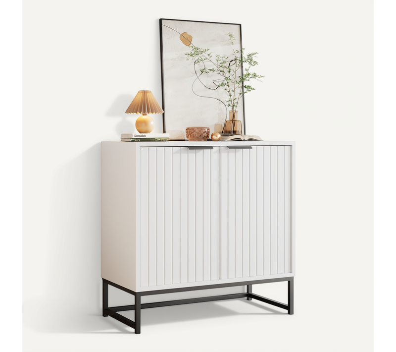 Buffet 80x40x80.5cm, 2 Portes Battantes, 2 Compartiments, Pieds Noirs, Pb, Métal, Blanc