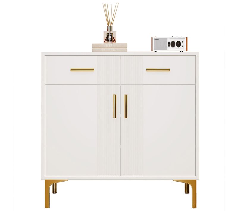 Buffet 80x35x79.5cm, Pied Et Poigné Doré Métal, 2 Porte, 2 Tiroir, 4 Compartiment, Mdf, Métal, Blanc