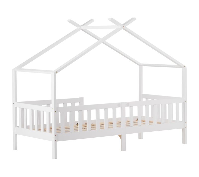 Lit Cabane 90x200cm Lit Enfant, Toit En Forme De Triangle, Avec Garde-corps, Bois, Blanc
