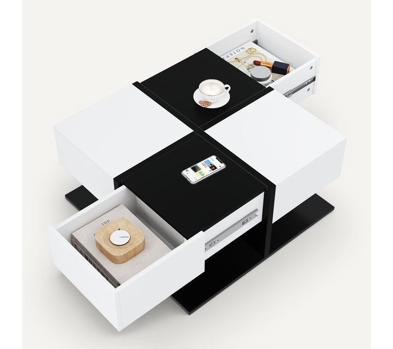 Table Basse Carrée Moderne 69,7 X 69,7 X 35,3 Cm, 2 Tiroirs, Design Bloc Noir Et Blanc