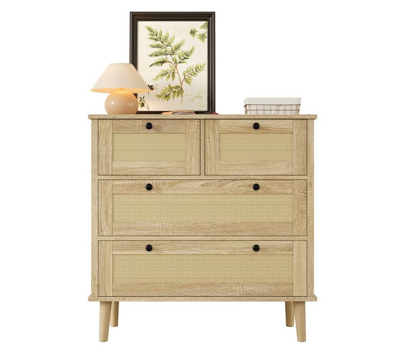 Commode 4 tiroirs en rotin 80x40x80 Cm, Pieds En Bois Massif, MDF et Rotin, Coloris Naturel