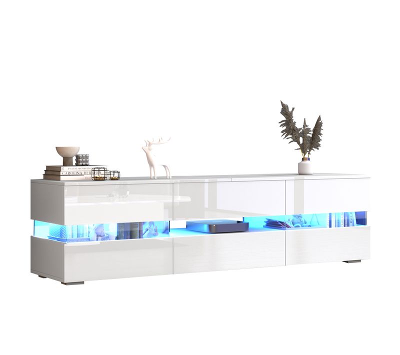 Meuble TV Bas à Poser 160x39x45 Cm, LED, 2 Portes, 1 Tiroir, Compartiment Ouvert, Aggloméré Blanc