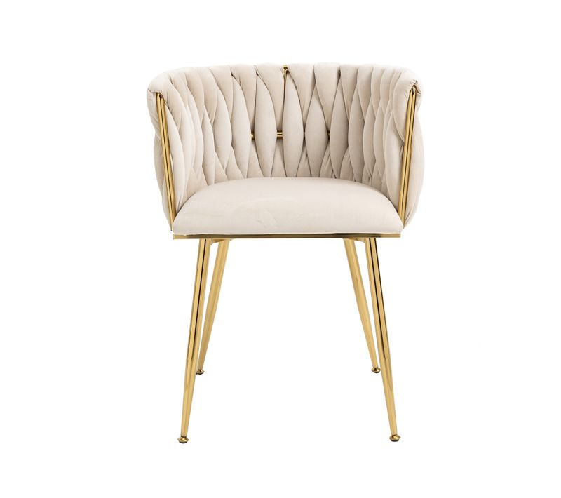 Lot De 2 Chaises Salle à Manger, Dossier Tressé Main, Assise Rembourrée, Pieds Métal Doré, Ivoire