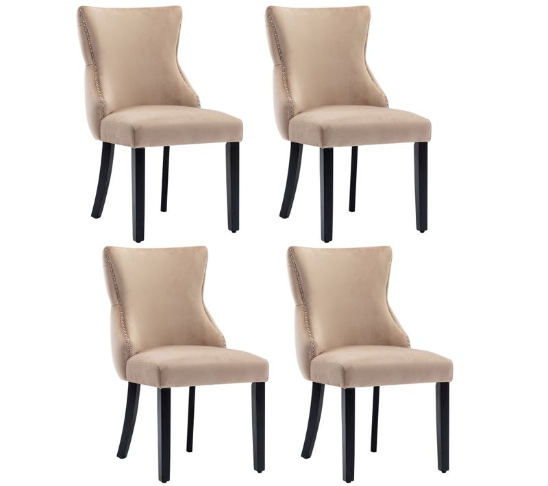 Lot De 4 Chaises Salle à Manger Modernes En Velours, Dossier Boutonné, Pieds Bois , Beige