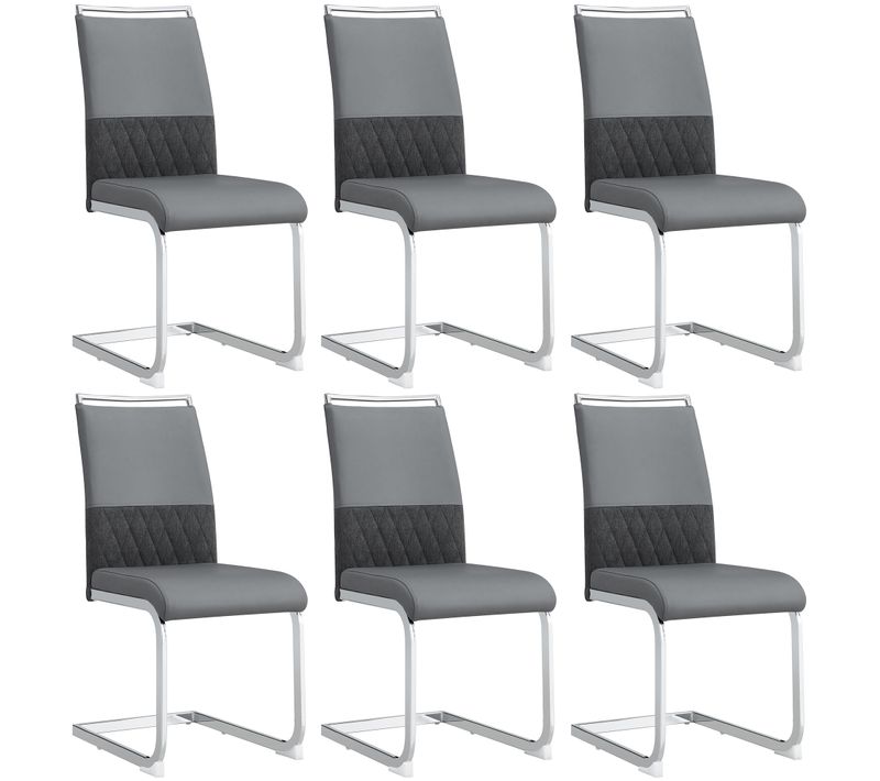 Lot De 6 Chaises Salle à Manger Modernes, Dossier à Lignes, Assise Confortable Pu Et Lin, Gris