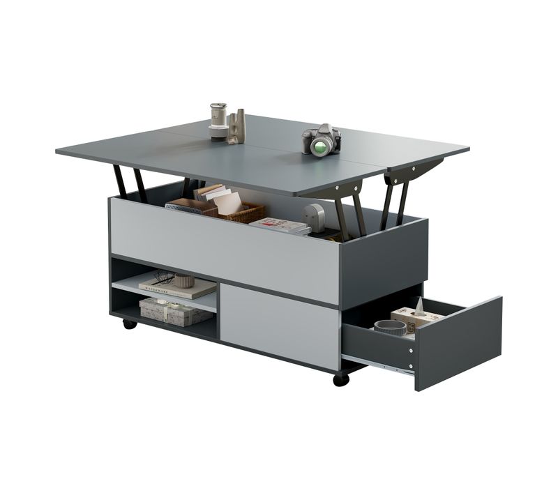 Table Basse 1 Armoire, 1 Tiroir, Rangement Semi-ouvert, Panneau De Particules, Gris Et Blanc