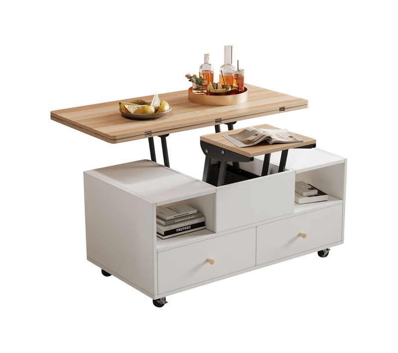 Table Basse 4 Tiroirs, Plateau Coulissant et Pliable, Capacité 60kg, Mdf, Blanc