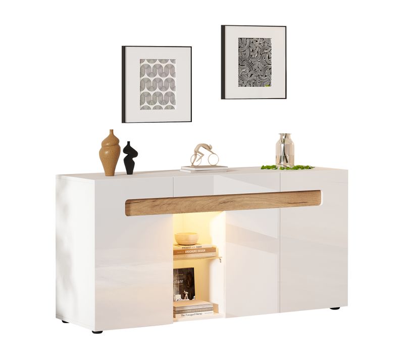 Buffet Rangement 3 Placards Avec LED Application, Panneau Particules, 140x40x70 Cm, Blanc Et Bois