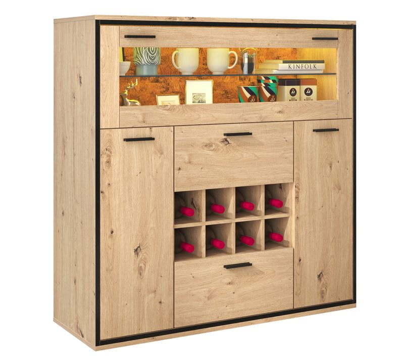 Buffet Salon Avec 8 Porte-bouteilles Et Étagère En Verre, Portes Doubles, Naturel Et Noir