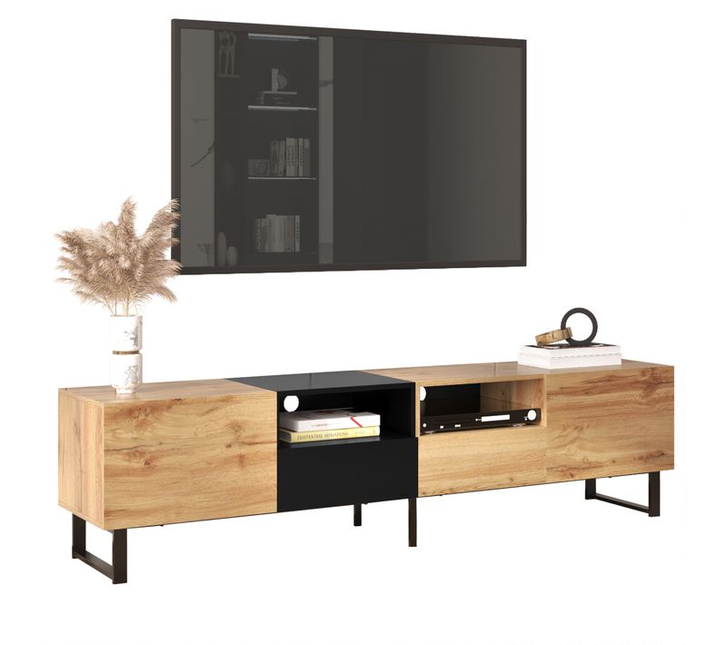 Meuble TV Grand Rangement Avec Pieds En Fer, Mdf, Bois Naturel Et Noir