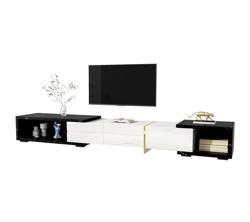 Meuble TV Bas Pivotant, Design Marbre Noir, Finition Blanche Mate Et Brillante, Mdf Et Contreplaqué