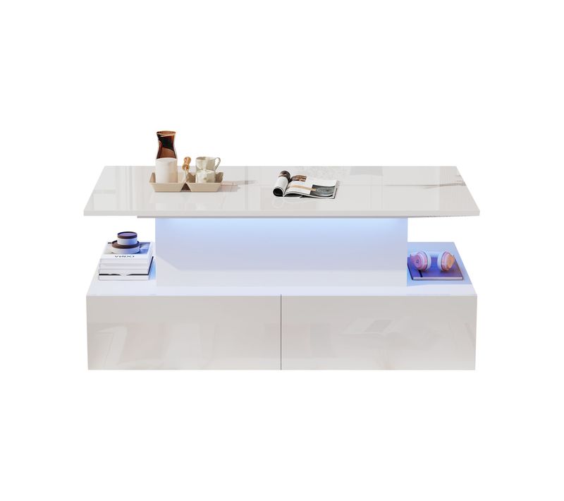 Table Basse, LED Intégrée, 4 Tiroirs, Grand Rangement, Design Moderne, Blanc