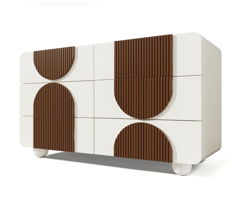 Commode Blanche 6 Tiroirs De Rangement, Buffet Design Courbé, Bois Et Détails Chocolat, Meuble Salon