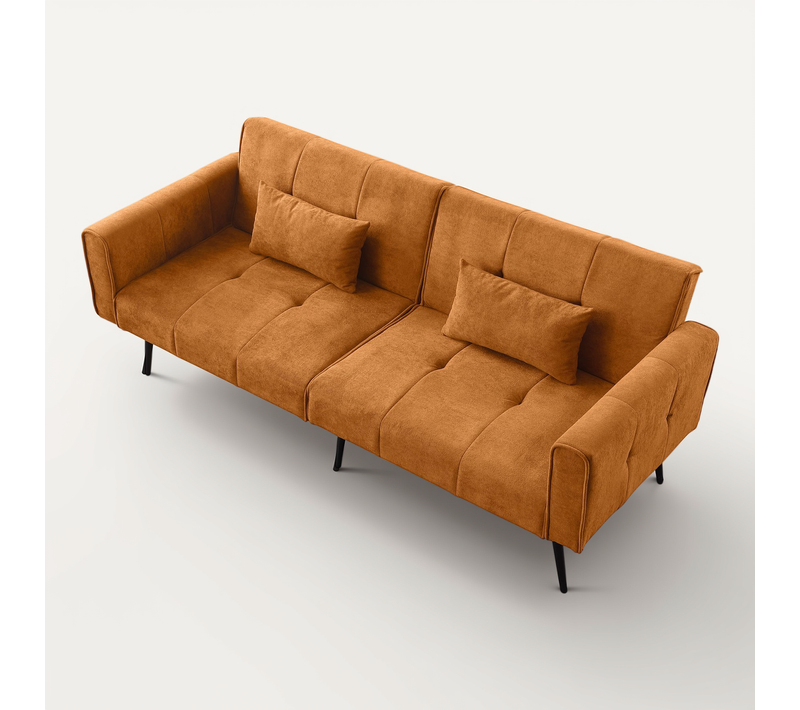 Canapé Convertible Double 2 Places En Tissu Orange Doux, Structure Bois Et Pieds Métal, Confortable