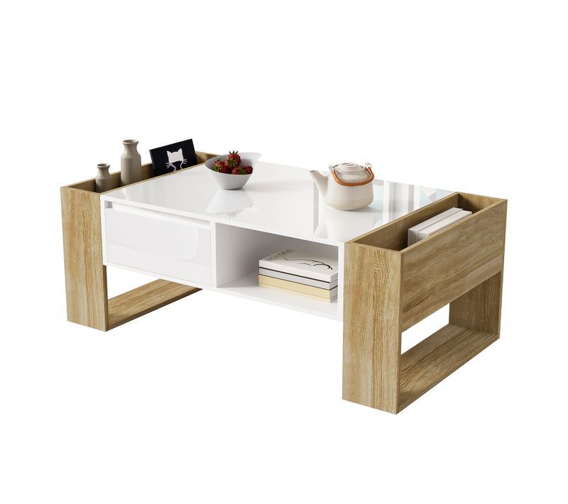 Table Basse Moderne Bois Et Blanc Avec Grande Rangement Et Surface Haut Brillant, Niche Et Tiroir