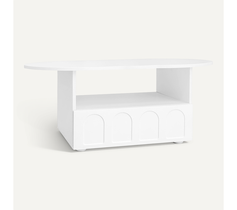 Table Basse Blanche Forme Nuage Avec Grand Tiroir Et Compartiment Ouvert De Rangement