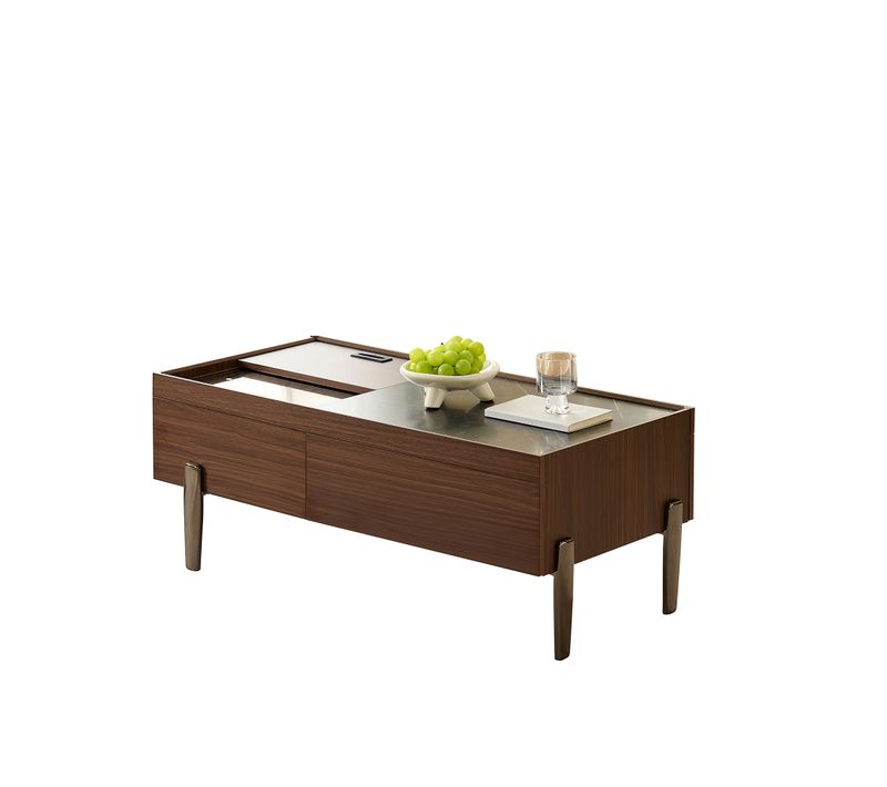 Table Basse Bois Foncé Avec Rangement Caché, 2 Tiroirs, Verre Et Plateau Coulissant, Effet Marbre
