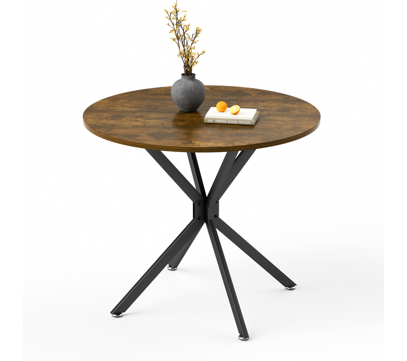 Table Ronde Vintage Bois 90x90 Cm Pour 4 Personnes Et Métal Noir Pour Salon Et Bureau