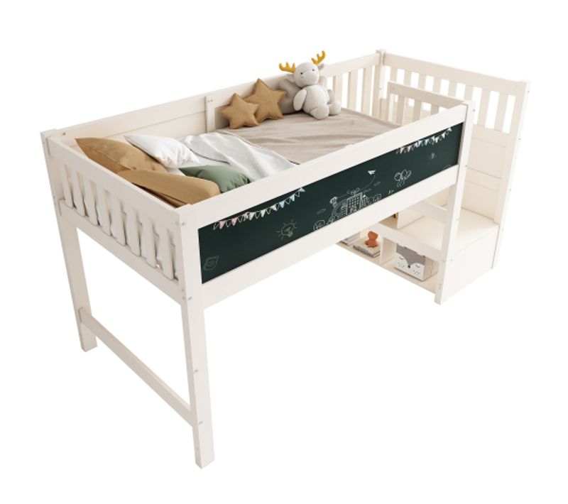 Lit Mezzanine Enfant 90x200 Cm Avec Tableau Blanc Et Tableau Noir, Sommier à Lattes, Blanc