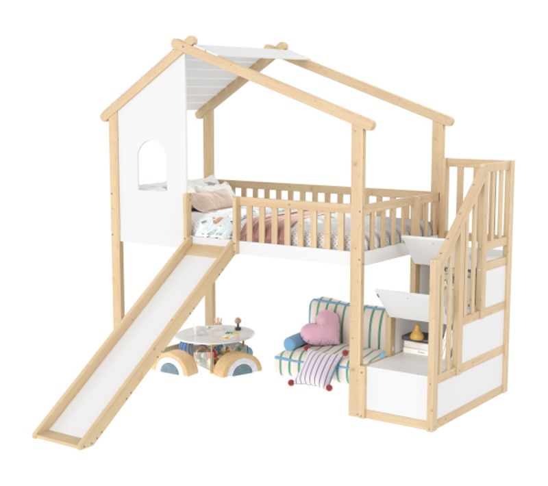 Lit Mezzanine Enfant 90x200 Cm Avec Échelle, Fenêtre, Toboggan, Barrière, Naturel Et Blanc