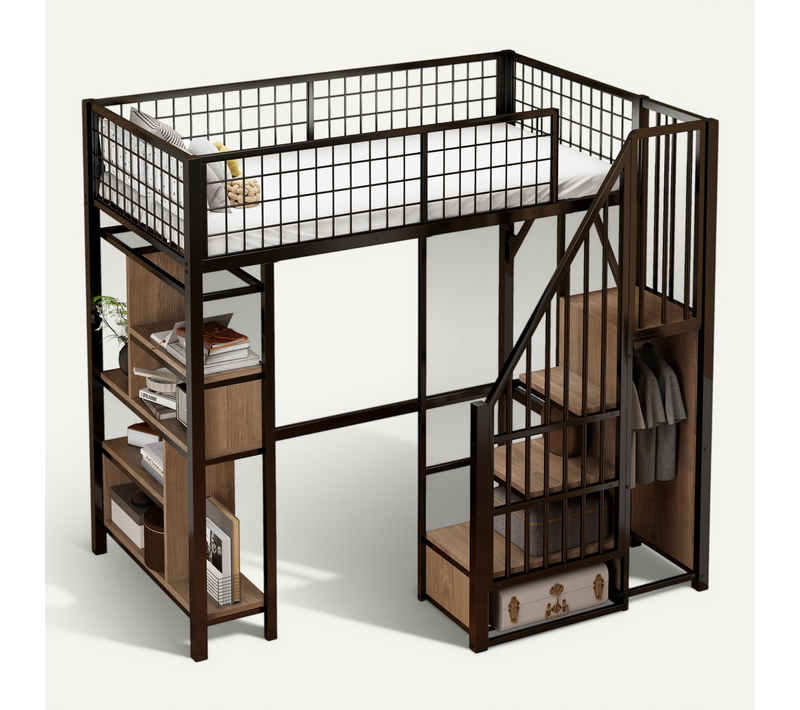 Lit Mezzanine 90x200 Cm, Lit Enfant, Escalier Avec Rampe, Étagères De Rangement, Métal, Noir