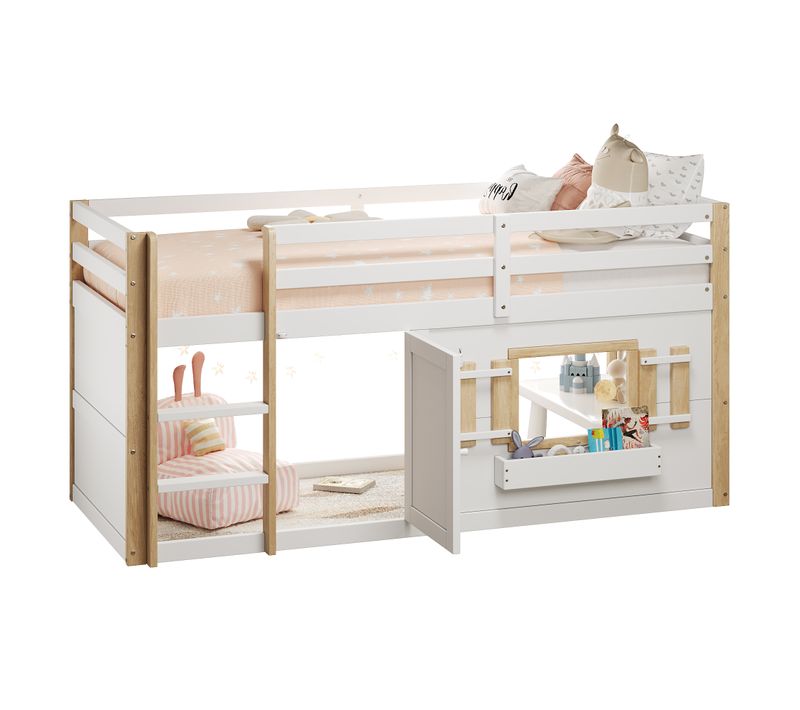 Lit Mezzanine 205x95x110cm, Lit Enfant Multifonctionnel Avec Échelle Et Garde-corps, Blanc