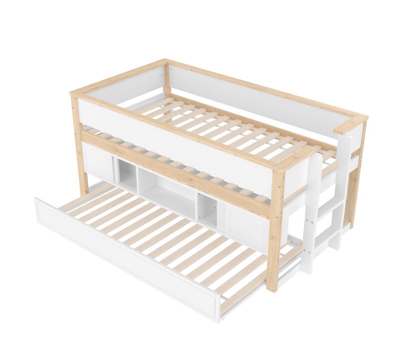 Lit Enfant 90x200 Cm Avec Lit Gigogne 90 X 190 Cm, Multiples Rangements, Bois Naturel + Blanc