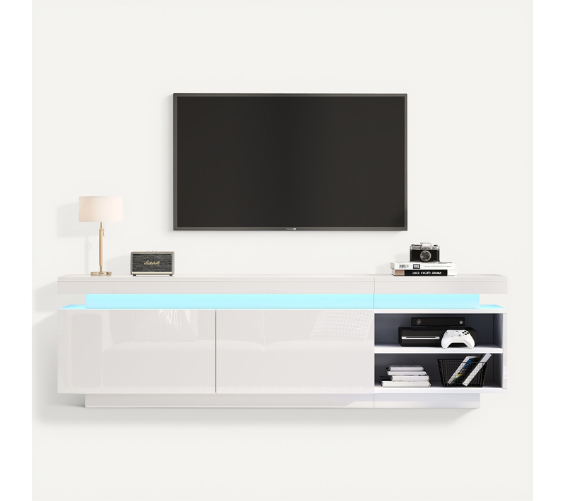 Meuble TV LED Moderne 170x35x50cm, Adapté Aux Téléviseurs De 70 Pouces, 2 Portes, Blanc Brillant