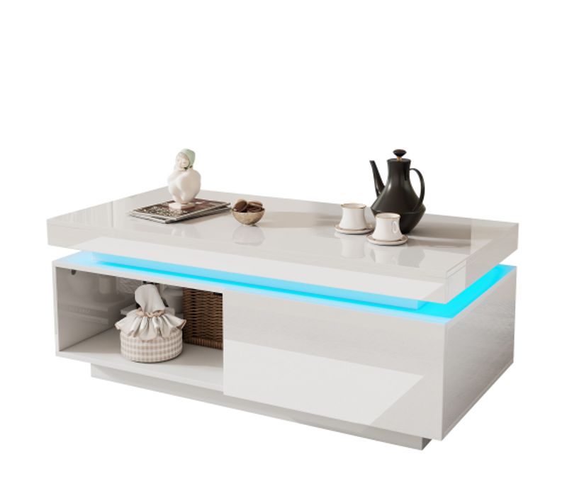 Table Basse Moderne Brillante 100x50x40cm, Avec Éclairage LED, 1 Tiroir, Blanche