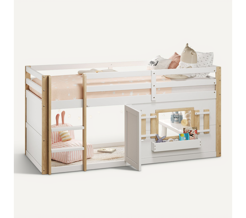 Lit Superposé Enfant 90x200 Cm Bois Blanc, Espace Modulable, Petite Porte, Fenêtre Avec Rangement