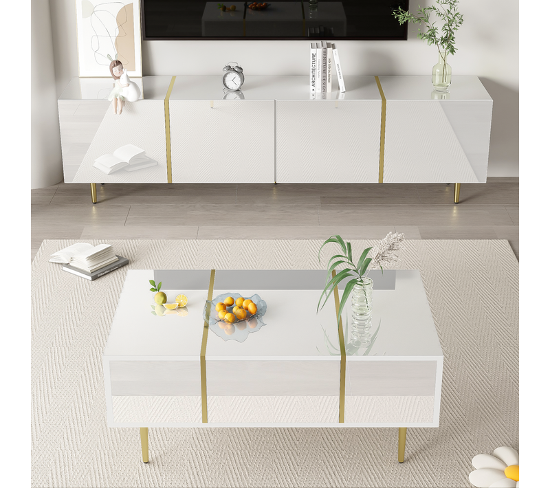 Ensemble Meuble TV Et Table Basse Blanche Laquée, Moderne Avec Rangement, 120x45x40 Cm