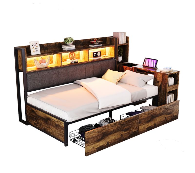 Lit Enfant 90x200 Cm Avec Bureau Mobile, Rangement, 2 Tiroirs Et Prises Intégrées, Bois Et Métal