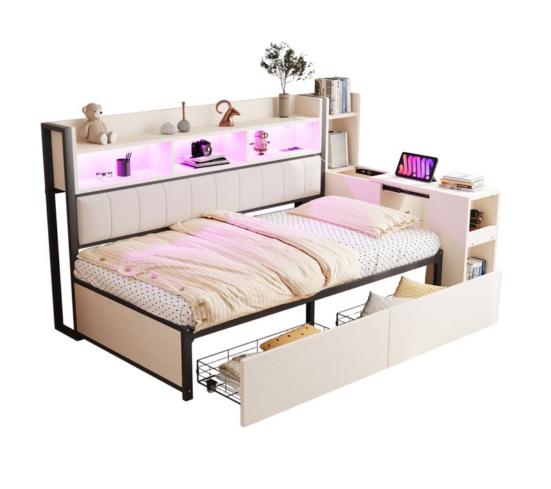 Lit 90x200cm Bois Blanc Avec Bureau Coulissant, Rangement, 2 Tiroirs Et Prises Intégrées, Métal Noir