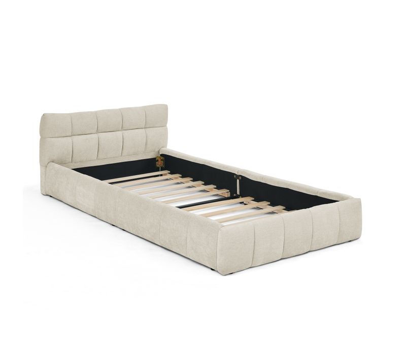 Lit Simple Enfant 90x200 Cm En Tissu Chenille Beige Avec Sommier à Lattes, Structure Bois Métal
