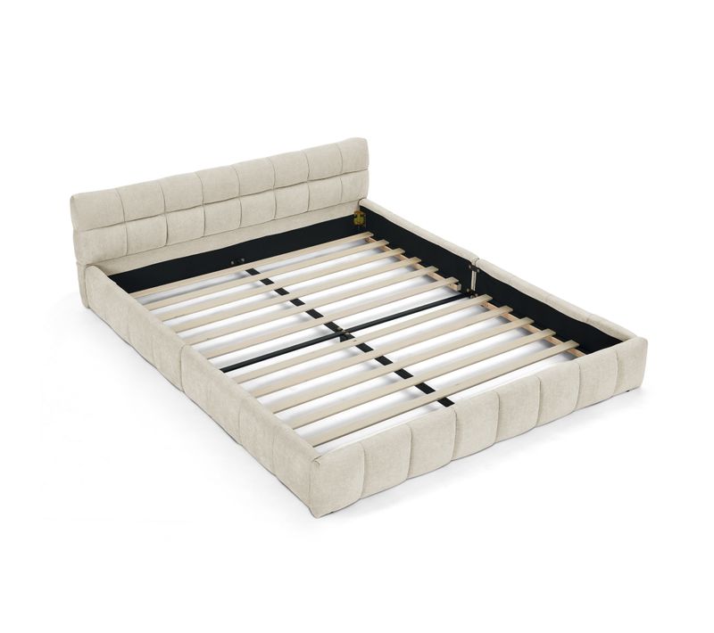 Lit Adulte 160x200cm 2 Places Avec Sommier à Lattes, Cadre Bois Métal, En Tissu Chenille Beige
