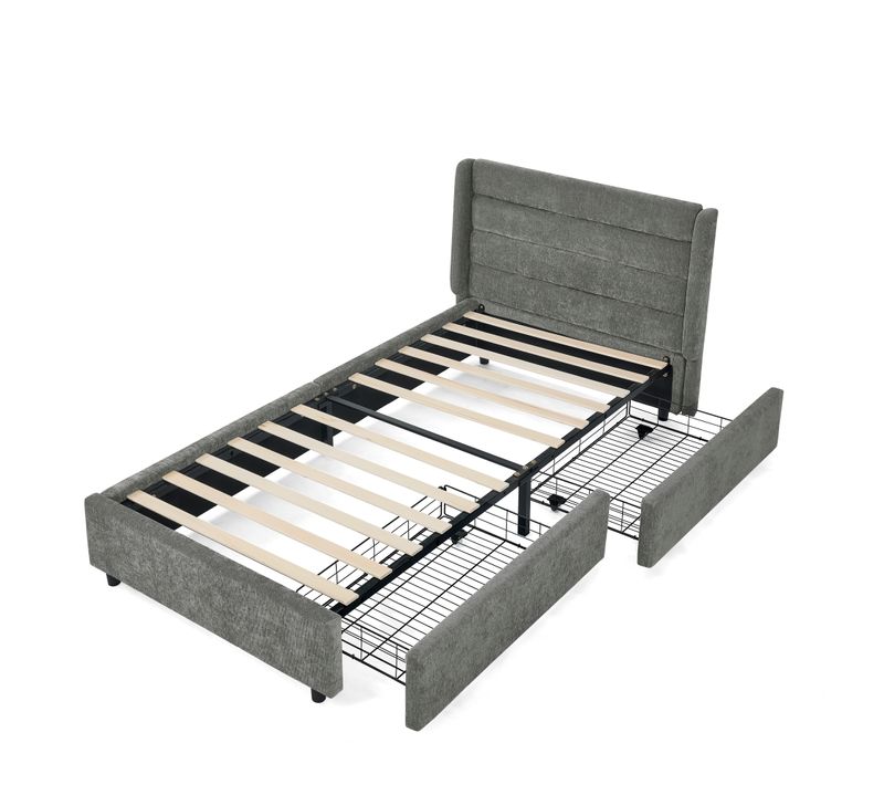 Lit Enfant 90x200 Cm En Chenille Gris Foncé Avec 2 Tiroirs De Rangement, Cadre Bois Et Métal