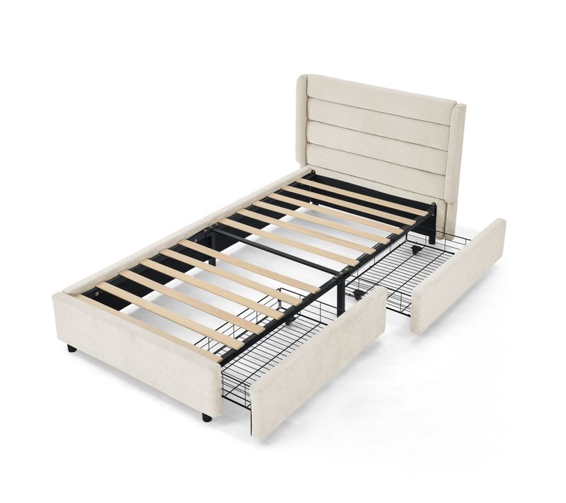 Lit Enfant 90x200 Cm En Tissu Chenille Beige Avec 2 Tiroirs De Rangement, Cadre Bois Et Métal