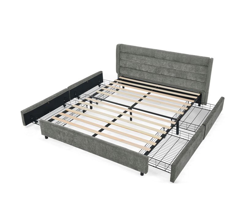 Lit Adulte 160x200 Cm Avec 4 Tiroirs De Rangement, Cadre Bois Et Métal, En Chenille Gris Foncé