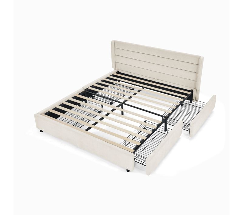 Lit Adulte 160x200 Cm Avec 4 Tiroirs De Rangement, Cadre Bois Et Métal, En Tissu Chenille Beige