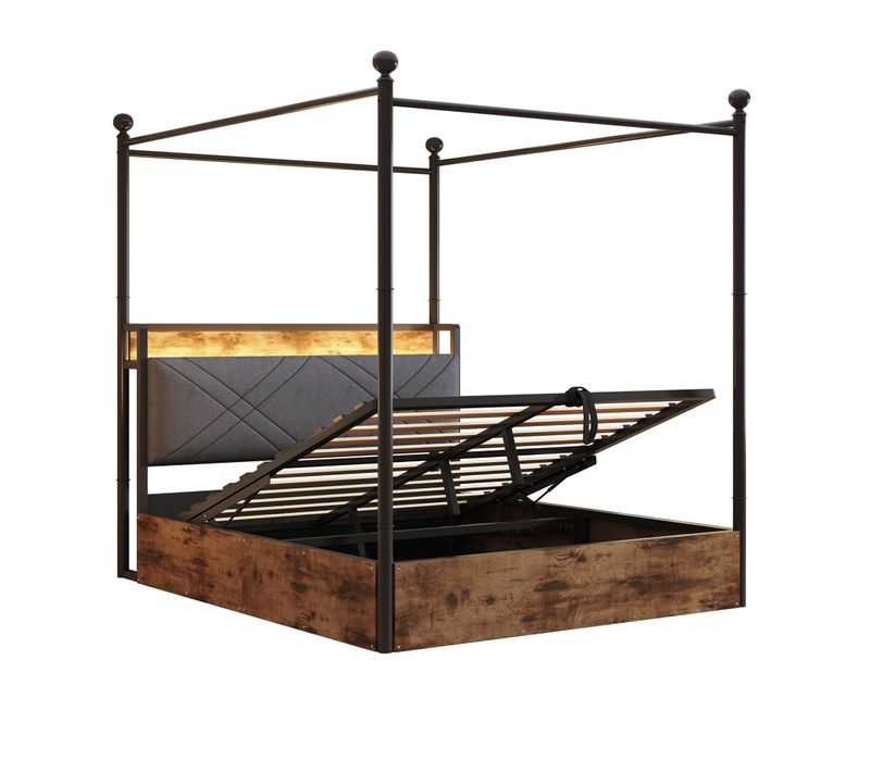 Lit Coffre 140x190 Cm 2 Places Multifonction Noir Avec LED, USB/type-c Et Rangement, Baldaquin