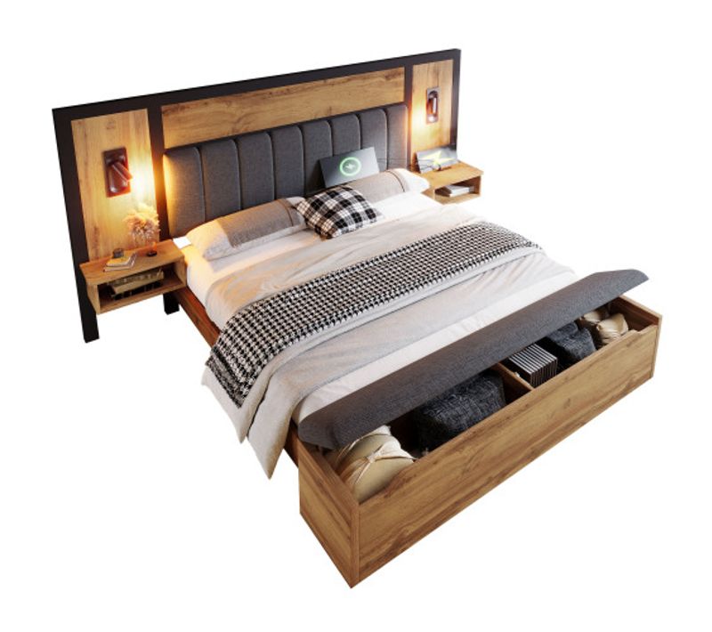 Lit Adulte 180x200 Cm Avec Lampe Et USB C, Table De Chevet Et Banc, En Bois Et Lin, Chêne