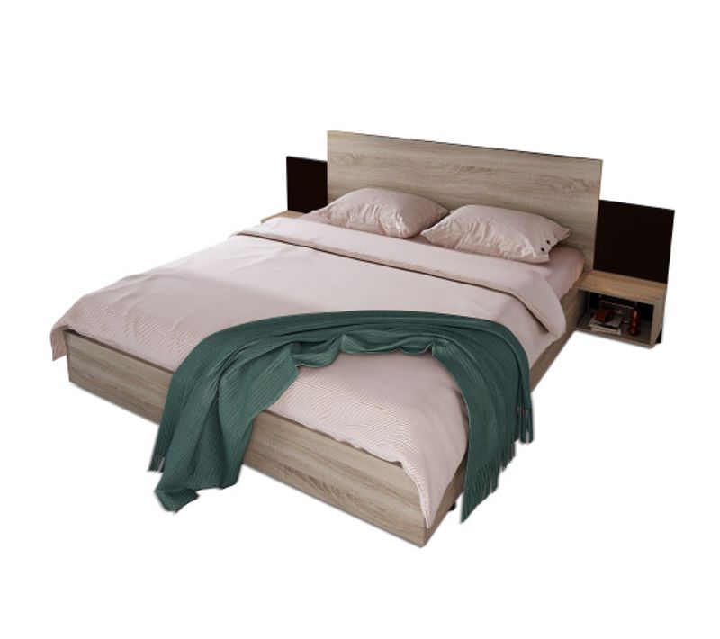 Lit Adulte 160x200 Cm, Lit En Bois Avec 2 Tables De Chevet, En Chêne Sonoma, Couleur Bois