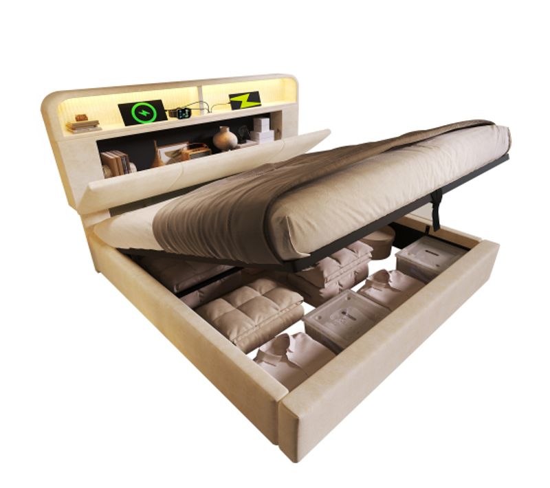 Lit Coffre 140x190 Cm Avec Tête De Lit, LED Et Station De Charge USB/type-c, En Velours, Beige
