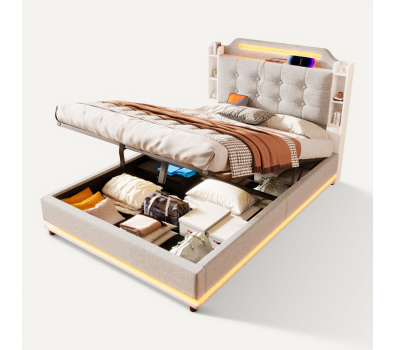 Lit Coffre 140x200 Cm Avec Barre Lumineuse LED, USB Et Type-c, En Lin Beige