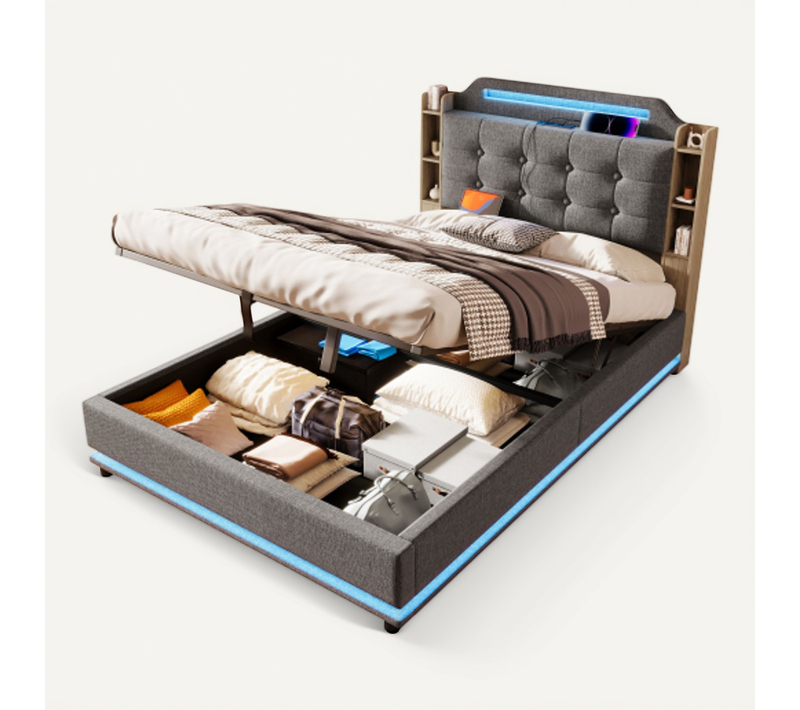 Lit Coffre 140x200 Cm Avec Barre Lumineuse LED, USB Et Type-c, En Lin Gris
