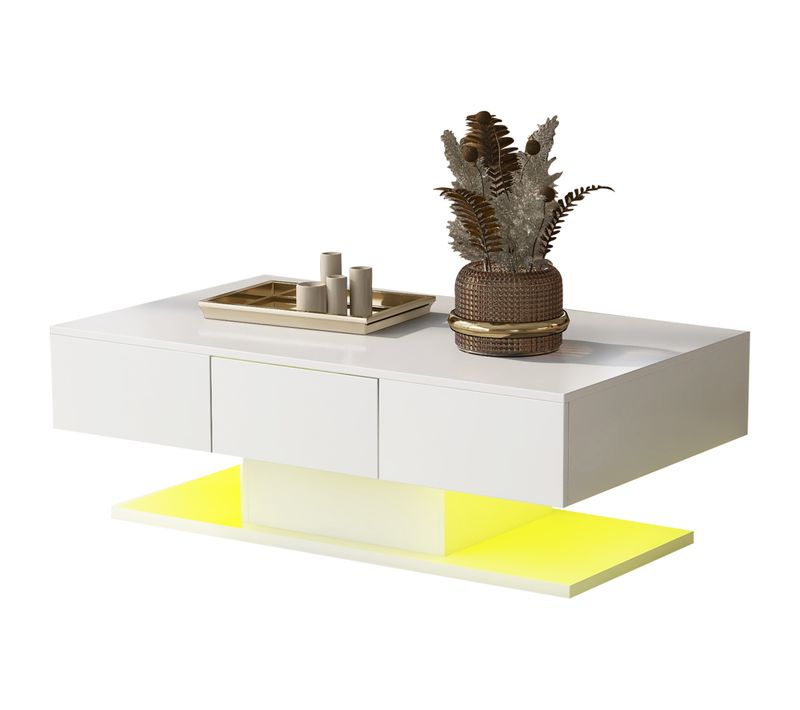 Table Basse Moderne Brillante 100x60x35,5cm, 2 Tiroirs, Avec Bande Lumineuse LED, Blanc